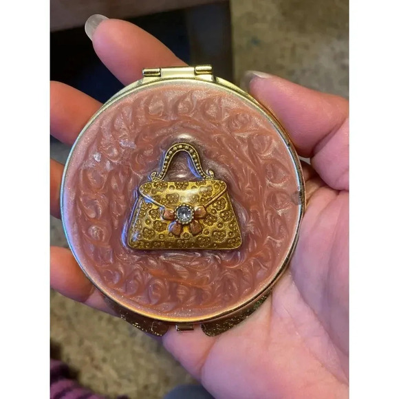Rare Vintage Mini Make Up Mirror Golden Metal Crystal Purse Royal Mid Century - Picture 2 of 8